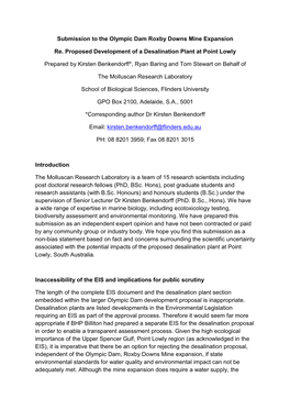 Submission to the Olympic Dam Roxby Downs Mine Expansion Re. Proposed Development of a Desalination Plant at Point Lowly Prepare