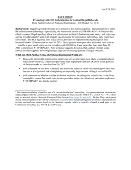 April 29, 2021 FACT SHEET* Promoting Caller ID Authentication