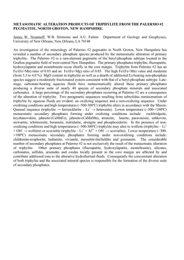 Metasomatic Alteration Products of Triphylite from the Palermo #2 Pegmatite, North Groton, New Hampshire