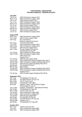 The Football Association Fixture Schedule – Season 2018-2019