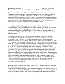 Documentary Touchstones II Instructor: Michael Fox Thursdays, 10Am-12 Noon, September 28-November 2, 2017 Foxonfilm@Yahoo.Com