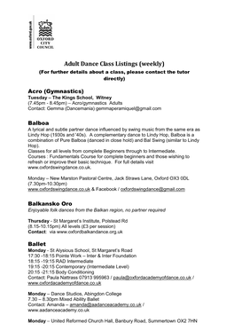 Adult Dance Class Listings (Weekly) (For Further Details About a Class, Please Contact the Tutor Directly)