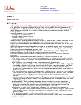 Chapter 4 Topic: Cell Structure Main Concepts