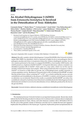 An Alcohol Dehydrogenase 3 (ADH3) from Entamoeba Histolytica Is Involved in the Detoxiﬁcation of Toxic Aldehydes