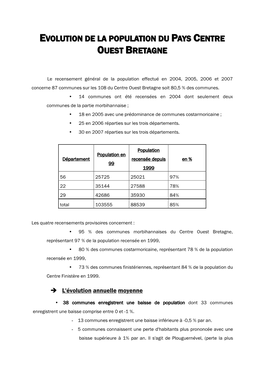 Evolution De La Population Du Pays Centre Ouest Bretagne 1999-2007 N