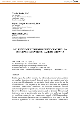 Influence of Consumer Ethnocentrism on Purchase Intentions: Case of Croatia