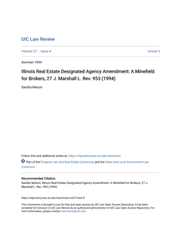 Illinois Real Estate Designated Agency Amendment: a Minefield for Brokers, 27 J