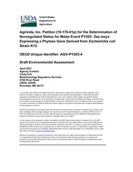 19-176-01P) for the Determination of Nonregulated Status for Maize Event PY203: Zea Mays Expressing a Phytase Gene Derived from Escherichia Coli Strain K12
