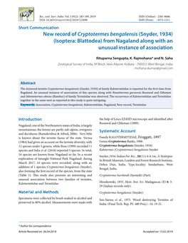 New Record of Cryptotermes Bengalensis (Snyder, 1934) (Isoptera: Blattodea) from Nagaland Along with an Unusual Instance of Association