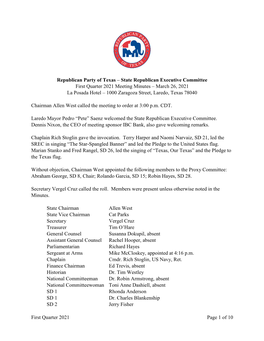State Republican Executive Committee First Quarter 2021 Meeting Minutes – March 26, 2021 La Posada Hotel – 1000 Zaragoza Street, Laredo, Texas 78040