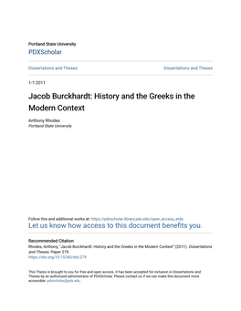 Jacob Burckhardt: History and the Greeks in the Modern Context