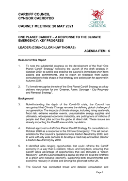 ONE PLANET CARDIFF Cabinet Report May 2021