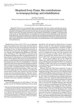 Shepherd Ivory Franz: His Contributions to Neuropsychology and Rehabilitation