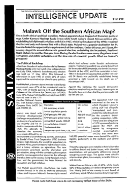 Malawi: Off the Southern African Map? Since South Africa's Political Transition, Malawi Appears to Have Dropped Off Pretoria's Political Map