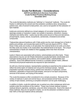 Crude Fat Methods – Considerations AAFCO Lab Methods & Services Committee Crude Fat Best Practices Working Group December 2013