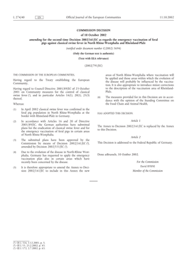COMMISSION DECISION of 10 October 2002 Amending for The