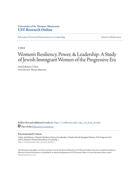 A Study of Jewish Immigrant Women of the Progressive Era Ariel Johanna Cohen University of St