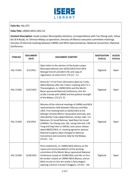 Folio No: HSL.073 Folio Title: UMNO-MCA 1952-53 Content Description: Kuala Lumpur Municipality Elections; Correspondence with Ta