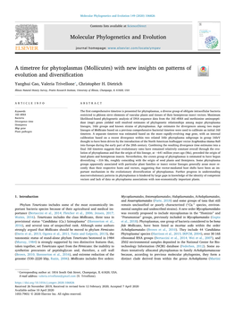 Mollicutes) with New Insights on Patterns of Evolution and Diversiﬁcation T ⁎ Yanghui Cao, Valeria Trivellone , Christopher H