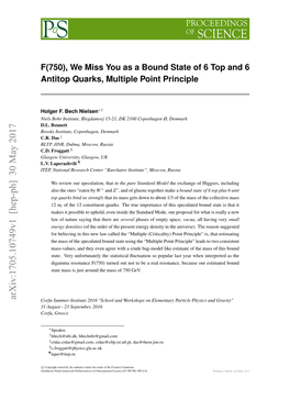 F(750), We Miss You As a Bound State of 6 Top and 6 Antitop Quarks, Multiple Point Principle