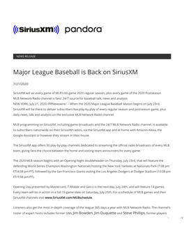 Major League Baseball Is Back on Siriusxm