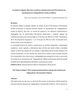 La Nación En Disputa. Discursos Y Prácticas Conmemorativas Del MAS Durante Los Bicentenarios De “Independencia” Locales En Bolivia