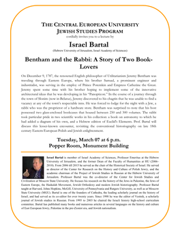 Israel Bartal (Hebrew University of Jerusalem, Israel Academy of Sciences) Bentham and the Rabbi: a Story of Two Book- Lovers