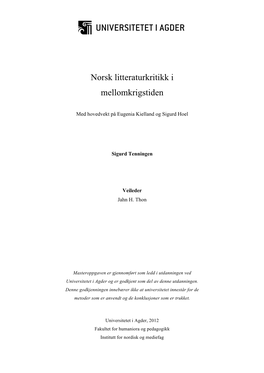 Norsk Litteraturkritikk I Mellomkrigstiden