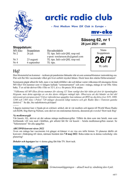 Säsong 62, Nr 1 28 Juni 2021 - Allt Stoppdatum: MV-Eko Stoppdatum Huvudredaktör Nästa Nr 2 26 Juli TL Tips