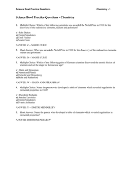 Science Bowl Practice Questions Chemistry - 1