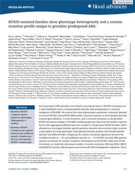 RUNX1-Mutated Families Show Phenotype Heterogeneity and a Somatic Mutation Proﬁle Unique to Germline Predisposed AML