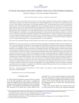 A Critical Assessment of the Oral Condition of the Crew of the Franklin Expedition Russell S