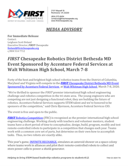 MEDIA ADVISORY FIRST Chesapeake Robotics District