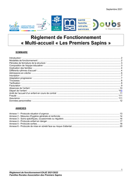 Règlement De Fonctionnement « Multi-Accueil « Les Premiers Sapins »