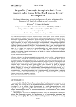 Dragonflies (Odonata) in Subtropical Atlantic Forest Fragments in Rio Grande Do Sul, Brazil: Seasonal Diversity and Composition