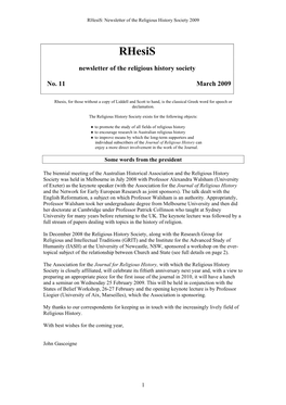 Rhesis: Newsletter of the Religious History Society 2009