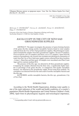 Bacillus Spp. in the City of Novi Sad Groundwater Supplies