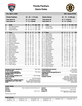 Florida Panthers Game Notes