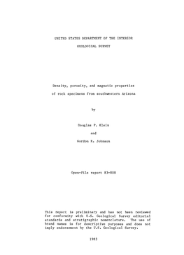 Density, Porosity, and Magnetic Properties of Rock Specimens from Southwestern Arizona by Douglas P. Klein and Gordon R. Johnson