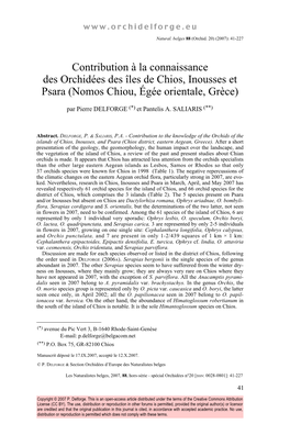 Contribution À La Connaissance Des Orchidées Des Îles De Chios, Inousses Et Psara (Nomos Chiou, Égée Orientale, Grèce)