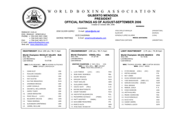 WORLD BOXING ASSOCIATION GILBERTO MENDOZA PRESIDENT OFFICIAL RATINGS AS of AUGUST-SEPTEMBER 2006 Created on October 26Th, 2006 MEMBERS CHAIRMAN P.O