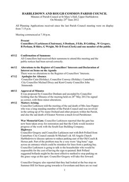 HARBLEDOWN and ROUGH COMMON PARISH COUNCIL Minutes of Parish Council at St Mary’S Hall, Upper Harbledown on Monday 25Th June 2012