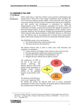 1 1.0 JNNURM & the CDP 1.1 the Mission1 1.1.1 Introduction Urban