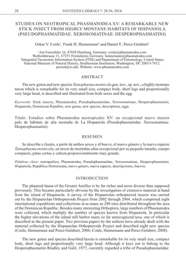 Studies on Neotropical Phasmatodea Xv: a Remarkable New Stick Insect from Highly Montane Habitats of Hispaniola (Pseudophasmatidae: Xerosomatinae: Hesperophasmatini)