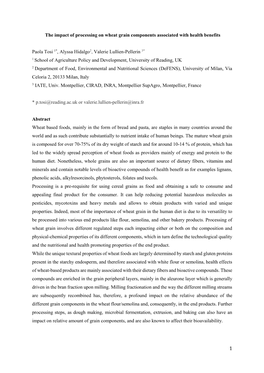 The Impact of Processing on Wheat Grain Components Associated with Health Benefits