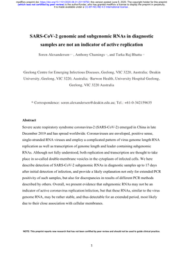 SARS-Cov-2 Genomic and Subgenomic Rnas in Diagnostic Samples Are Not an Indicator of Active Replication