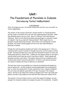 The Foundations of Pluralism in Judaism Introducing Tarbut Hamachloket