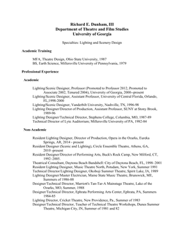 Richard E. Dunham, III Department of Theatre and Film Studies University of Georgia