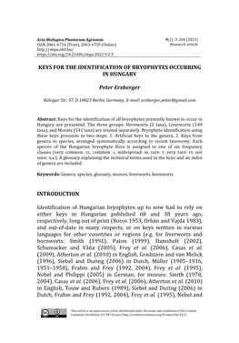 Keys for the Identification of Bryophytes Occurring in Hungary