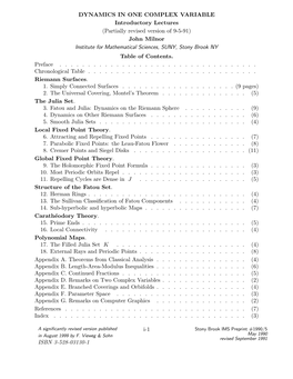 John Milnor Institute for Mathematical Sciences, SUNY, Stony Brook NY Table of Contents